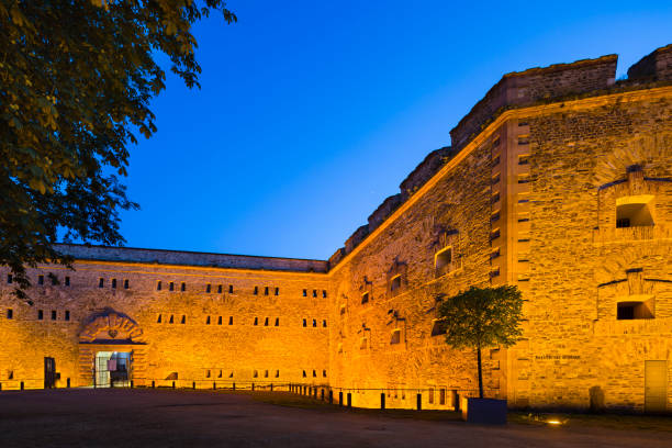 Koblenz - June 15: Ehrenbreitstein Fortress in Koblenz, Germany with night blue sky and illumination on June 15, 2016.