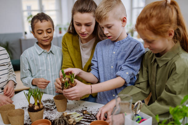 istock Young teacher learning pupils how to take care about plants. 1484132739