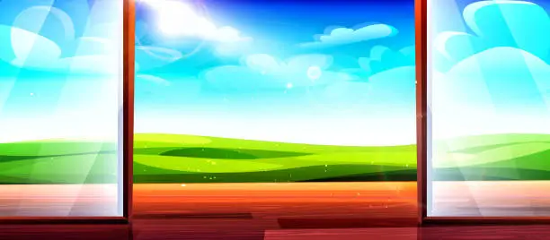 Vector illustration of Country summer holiday concept in cartoon style. Open panoramic doors leading to the terrace against the backdrop of a green meadow on a clear sunny day.