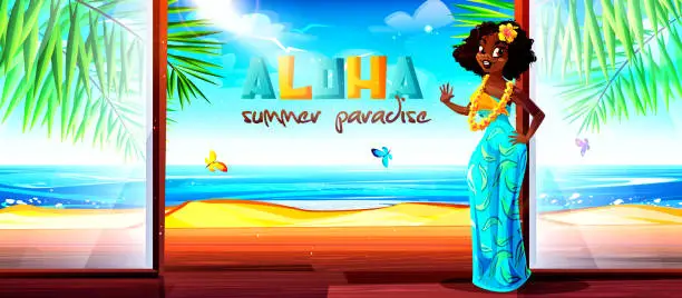 Vector illustration of Aloha Hawaii in cartoon style. A young hula girl in colorful clothes in a bungalow against a clear sunny tropical landscape with butterflies.
