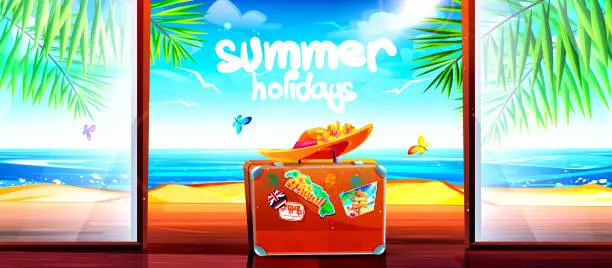 Vector illustration of Aloha Hawaii tropical holiday concept in cartoon style. Tourist luggage with stickers and a hat in open panoramic doors with a terrace on a beach background with butterflies.