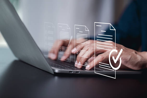 istock Performance checklist, businessman using checklist survey, filling out digital form checklist, take an assessment, questionnaire, evaluation, online survey, online exam. 1484140053