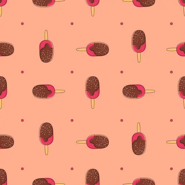 Vector illustration of Cute seamless pattern with hand drawn doodle ice cream with chocolate nad crumbs on orange background for fabric, posters, wallpaper. Vector