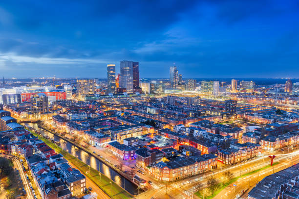 The Hague, Netherlands city centre skyline at twilight.