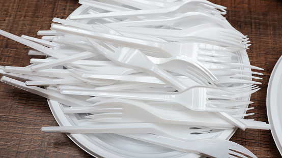 Plastic disposable plates, forks and knifes