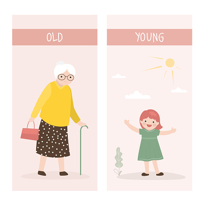 Opposite adjectives explanation card, OLD and YOUNG. Word card for language learning. Old woman and baby. Textcard with cartoon characters. Flashcard with antonyms for children, template. Flat vector