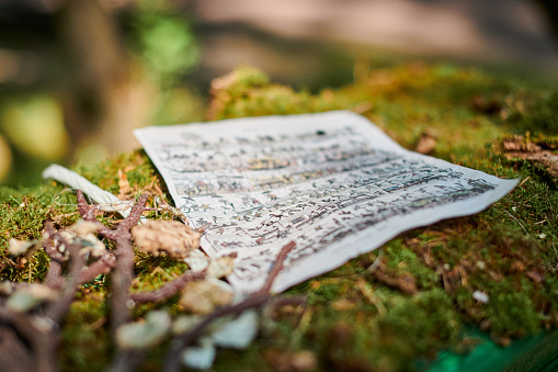 White piece of paper with music notes in green moss outdoor art object of classical music of nature