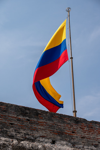 View of Columbian flag over  the ramparts of the San Felipe de Barajas fortress.