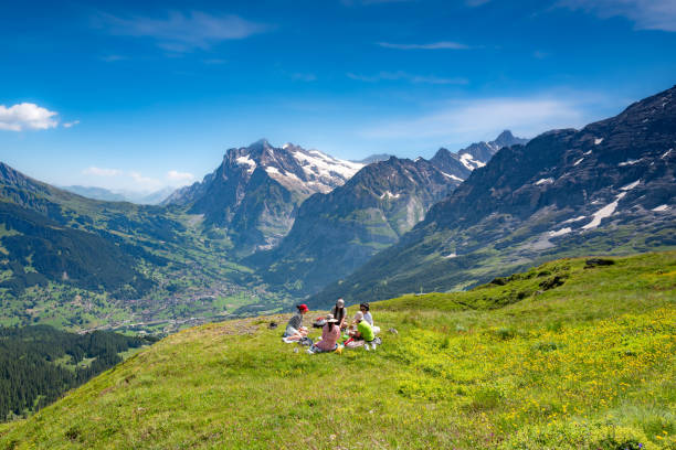 switzerland travel - gruppe junger frauen, die sich auf einer wiese auf dem gipfel von männchen ausruhen und picknicken. - schreckhorn stock-fotos und bilder