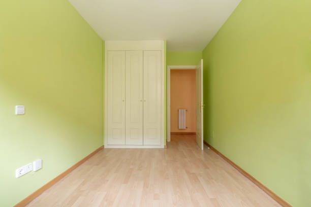 istock Empty room with white wooden three-section built-in wardrobe, green painted walls and light wooden floor 1484150631