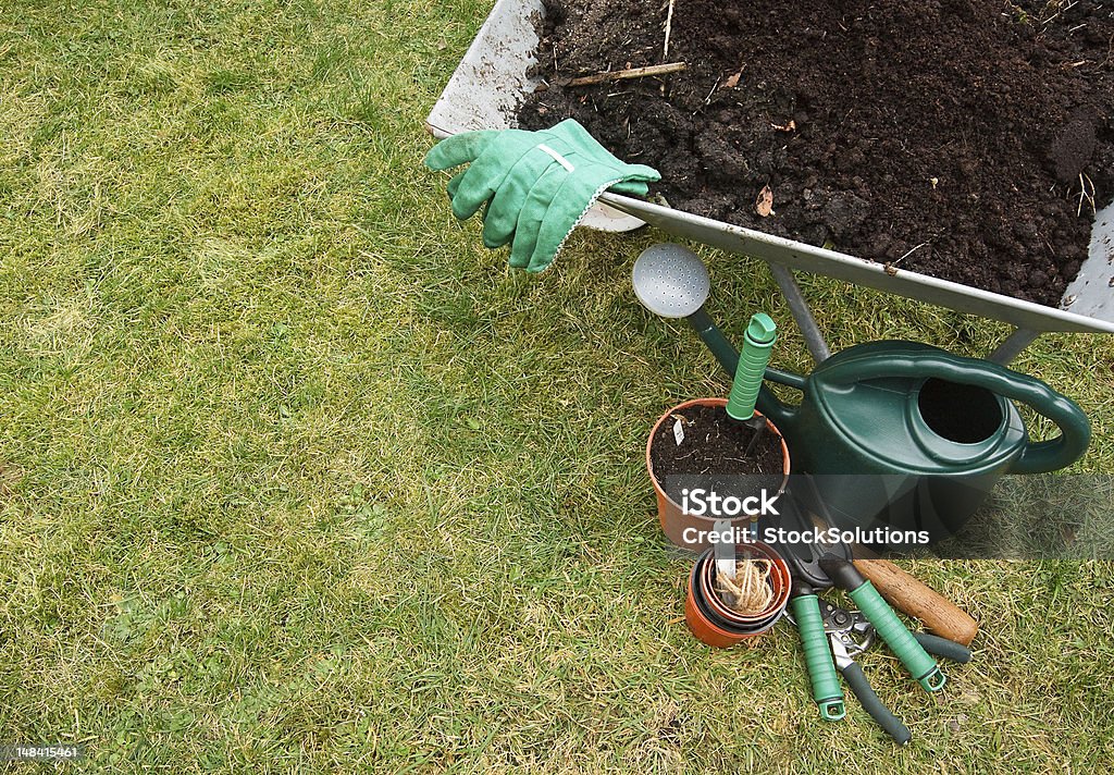 Gardening tools on the lawn Gardeners tools on grass lawn with room for text Activity Stock Photo