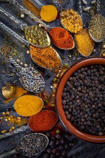 Selection of spices used to add flavor and seasoning to food during cooking.