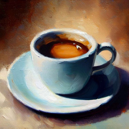 Coffee cup painting created with artificial intelligence, with oil painting effects