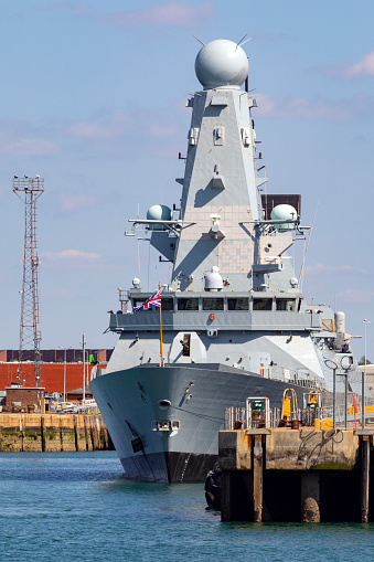 HMS Duncan (D37) is the sixth and last of the Type 45 or Daring-class air-defence and guided missile destroyers built for the British Royal Navy and launched in 2010. Moored in the Naval Dockyard in Portsmouth on the south coast of England.