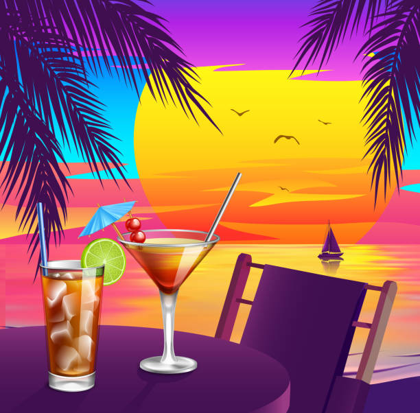 Cosmopolitan, Cuba Libre Cocktails on a tropical beach at sunset with palm trees Cosmopolitan, Cuba Libre cocktails on a tropical beach at sunset with palm trees and a sailboat on the water. Vector illustration. hawaii restaurant stock illustrations