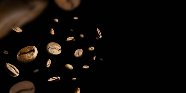 Coffee beans fly and levitate in space. Isolated on black