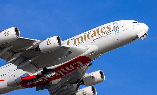 Emirates Airline Airbus A380 passenger plane taking off from Schiphol airport. The Netherlands - February 16, 2016