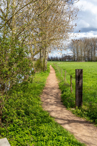 Narrow hiking trail along a stream and farmland with bare trees in background stock photo