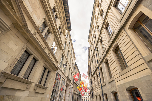 Street in Geneva, Swiss flags