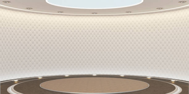 istock Arc shaped stage Circular room Round podium Round screen Curved dome 3d illustration Great hall 1484164119