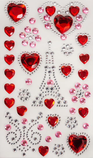 Romantic stickers for Valentine's Day: red hearts, Eiffel Tower, pink and silver rhinestones.