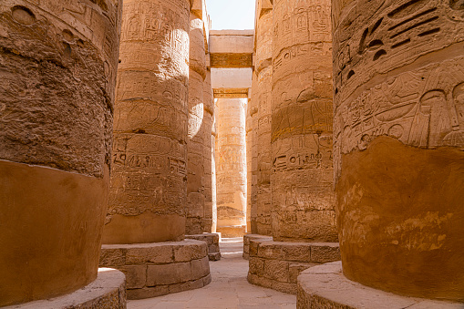 Luxor Temple, main statues  views, beautiful sunset panorama, Egypt.