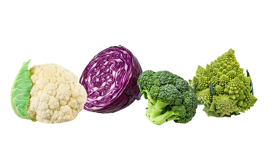 Cauliflower, broccoli, red cabbage, romanesco isolated on white background with clipping path