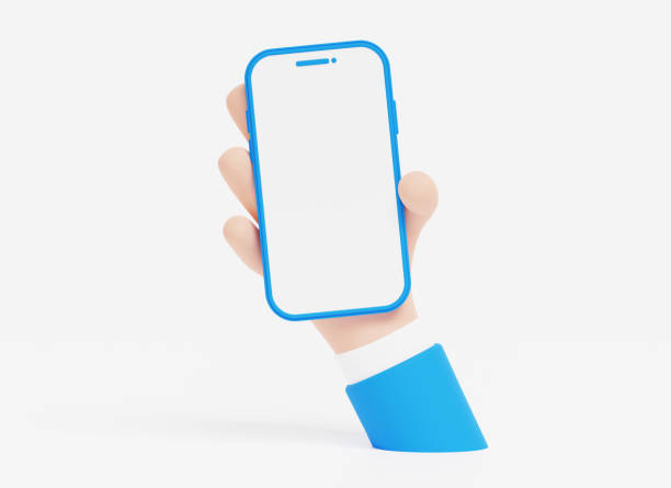 istock Hand holding smartphone blank screen and modern frameless design. Hold Mobile phone on white background. Ideal for marketing. 3D illustration 1484170824