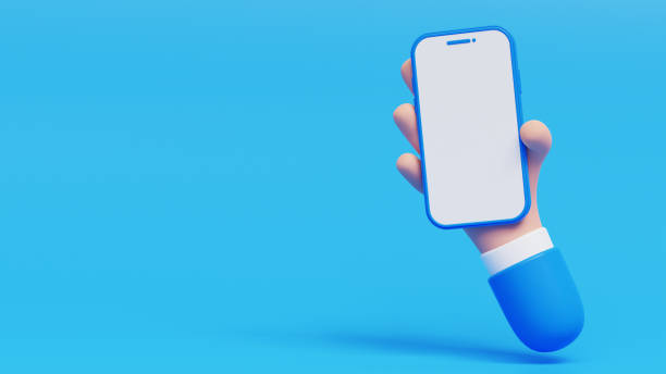 istock 3D Hand holding mobile phone with empty screen. Cartoon smartphone isolated on blue background with free space. Cellphone Mockup. Marketing time banner template. 3D Illustration 1484170825
