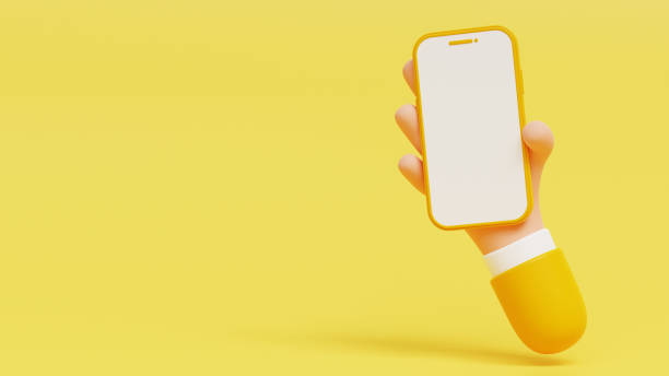 istock 3D Hand holding mobile phone with empty screen. Cartoon smartphone isolated on yellow background with free space. Phone device Mockup. Marketing time. 3D Illustration 1484170827