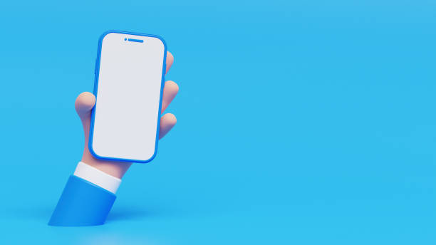 istock 3D hand holding a mobile phone with a blank screen. Smartphone mockup in realistic cartoon style. Social media advertising banner. 3D Rendering isolated on blue background 1484170840