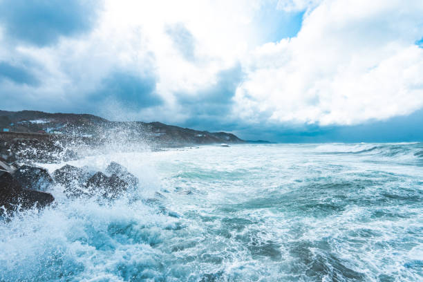 View of stormy ocean water fronts with waves