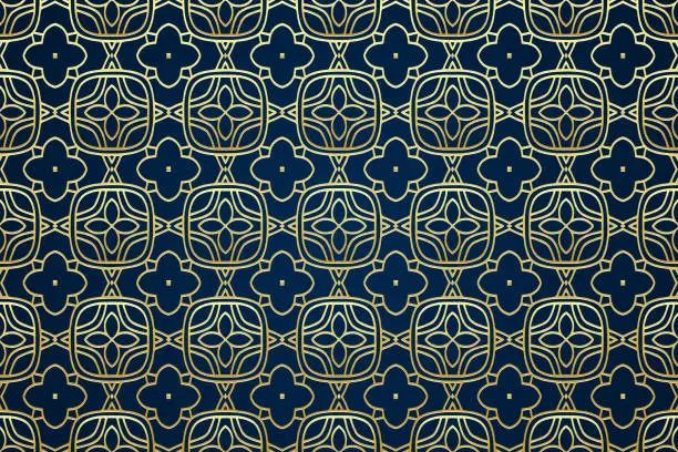 Vector illustration of Festive blue background with islamic, persian, indian pattern, arabesque, arabic geometric gold texture. Stained glass style, ethnic oriental patterns, tribal artistic ornaments.