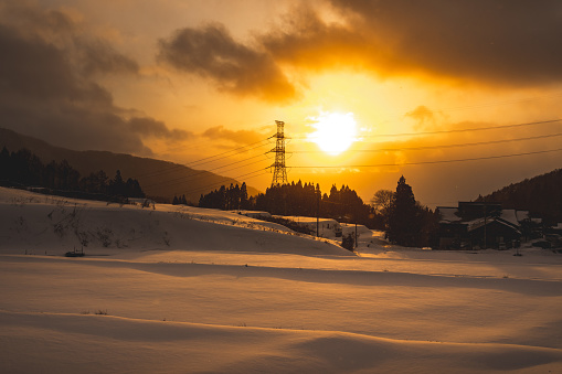 High voltage transmission towers and powerlines among hoar frost,  Twizel, South Island