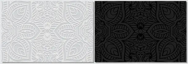 Vector illustration of Black and white banners, cover design set, exotic vector templates. Geometric volumetric fantasy ethnic 3D pattern, boho. Oriental, Indonesian, Mexican style.
