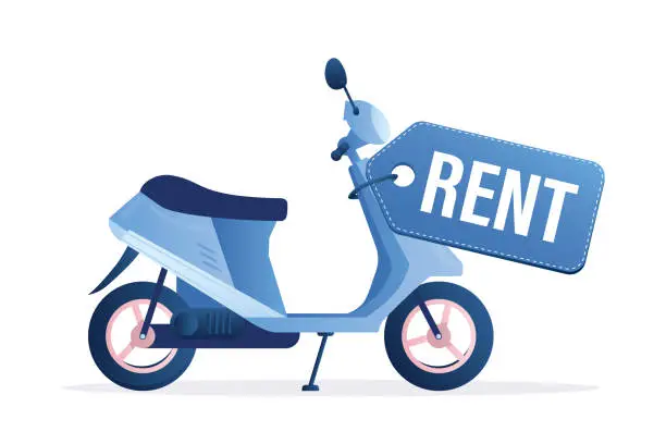 Vector illustration of Motorbike for rent. Bike with big label. Advertisement for rental service, transport business. Promotion campaign, marketing. Two-wheeled transport for sharing or rent.