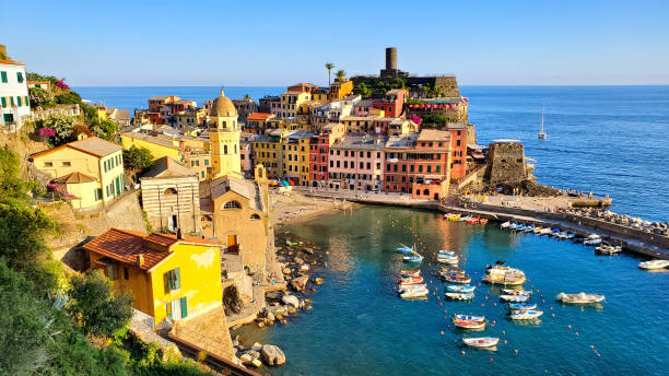 View over the Cinque Terre village of Vernazza, Italy stock photo