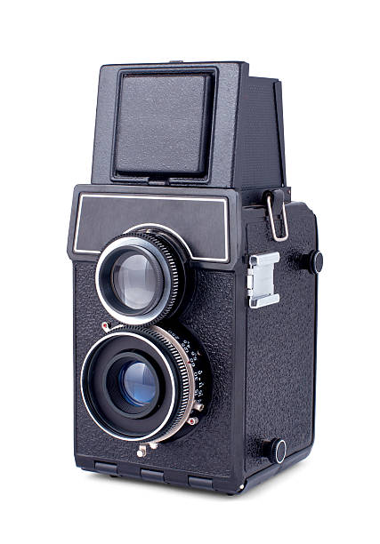 istock Vintage two lens photo camera isolated on white 148418129