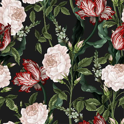 Seamless pattern with vintage flowers, such as roses, tulips. Vector.