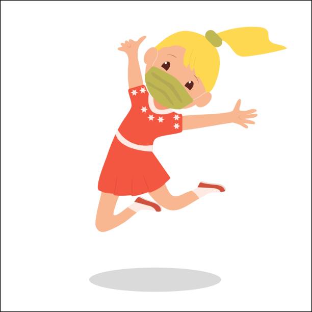 A girl in masks are jumping. Summer recreation and entertainment during the coronavirus pandemic. Vector flat illustration. A girl in masks are jumping. Summer recreation and entertainment during the coronavirus pandemic. Vector flat illustration. hay fever play stock illustrations