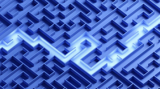 Light path across a maze The concept of solving a complex problem. 3d illustration maze road street confusion stock pictures, royalty-free photos & images