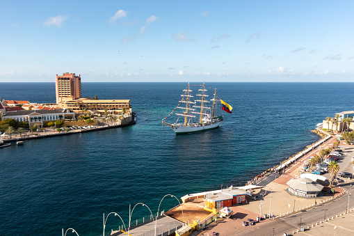 ARC Gloria ship entering the port of Willemstad with the Colombian flag flying. Curacao. Netherlands Antilles. July 30, 2022.