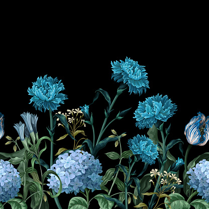 Border with blue flowers such as carnation, hydrangea and other. Vector