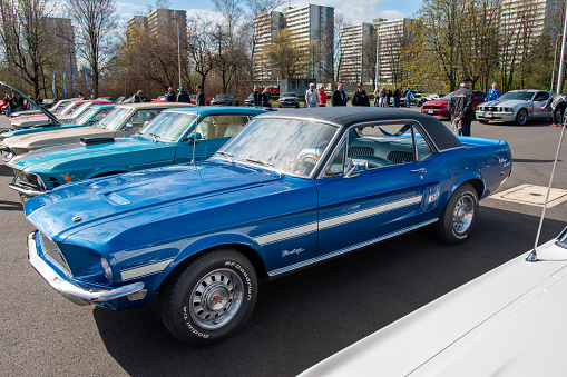 Chorzów, Poland - April 15, 2023: Mustang Rally at the Silesian Stadium in Chorzów. Beautiful blue classic Ford Mustang