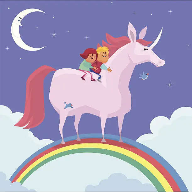 Vector illustration of kids and unicorn