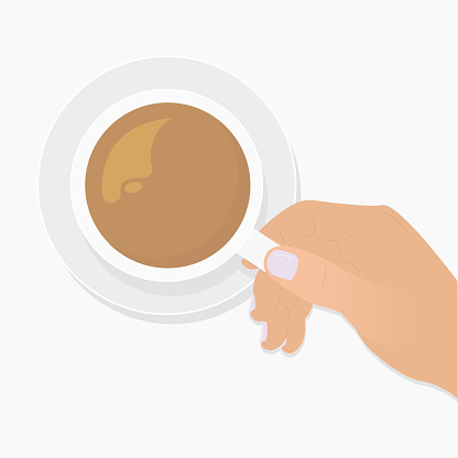 Female Hand Holds Coffee Cup on Saucer, Top View, Isolated on White Background. Flat Vector Illustration