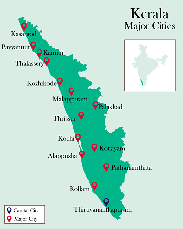 Major Cities of Kerala pinned on Kerala Map