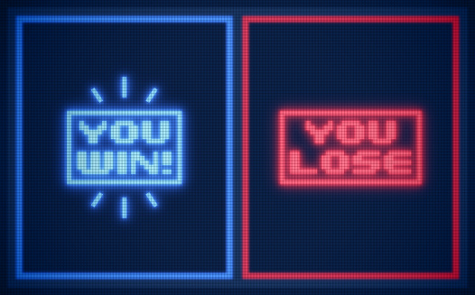 You win you lose retro video game arcade screen with scan lines.