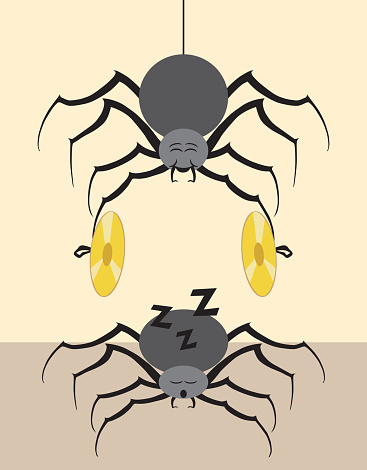 A spider is lowering over a sleeping friend to waken him with cymbals