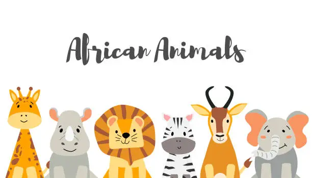Vector illustration of Vector banner with cute African animals.  Zebra, elephant, lion, giraffe, antelope and rhinoceros in a flat cartoon style. Beautiful children's background. Zoo poster.
